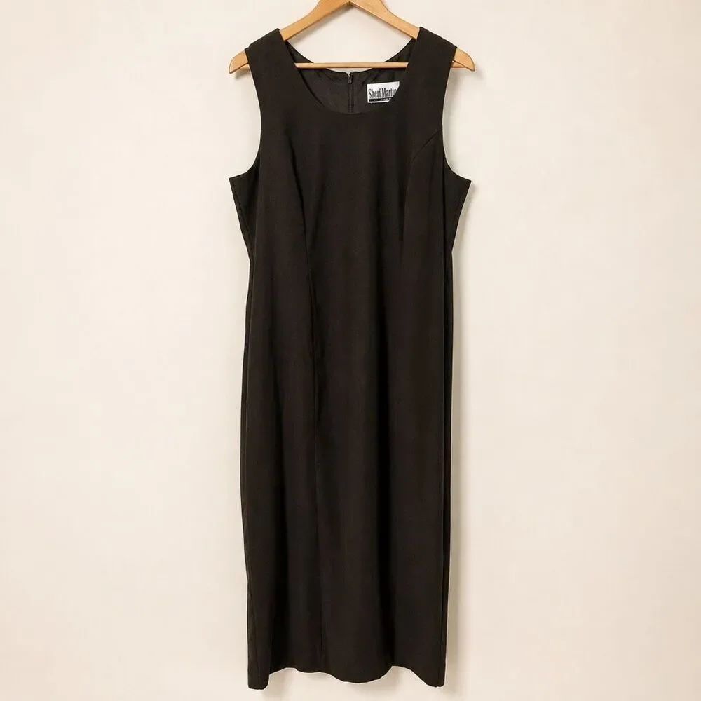 Vintage Sheri Martin Dark Green Faux Suede Sleeveless Midi Sheath Dress Size 16